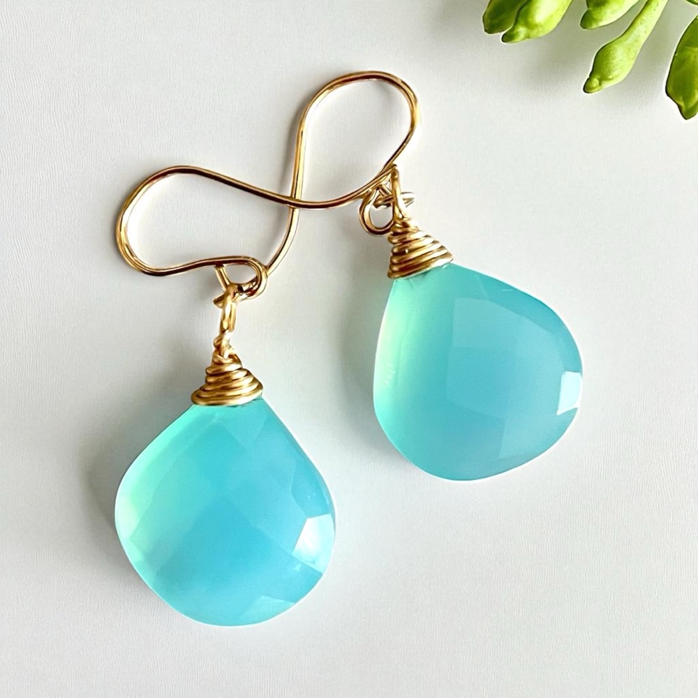 Handmade Gold and Blue Chalcedony Gemstone Wire wrapped Earrings